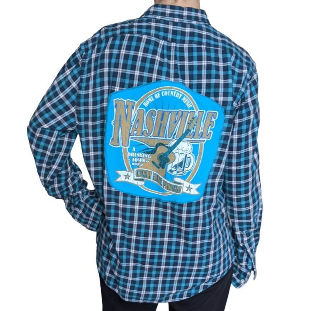 Nashville Music Artist Band Custom Upcycled Button Down Shirt Sz L Guitar